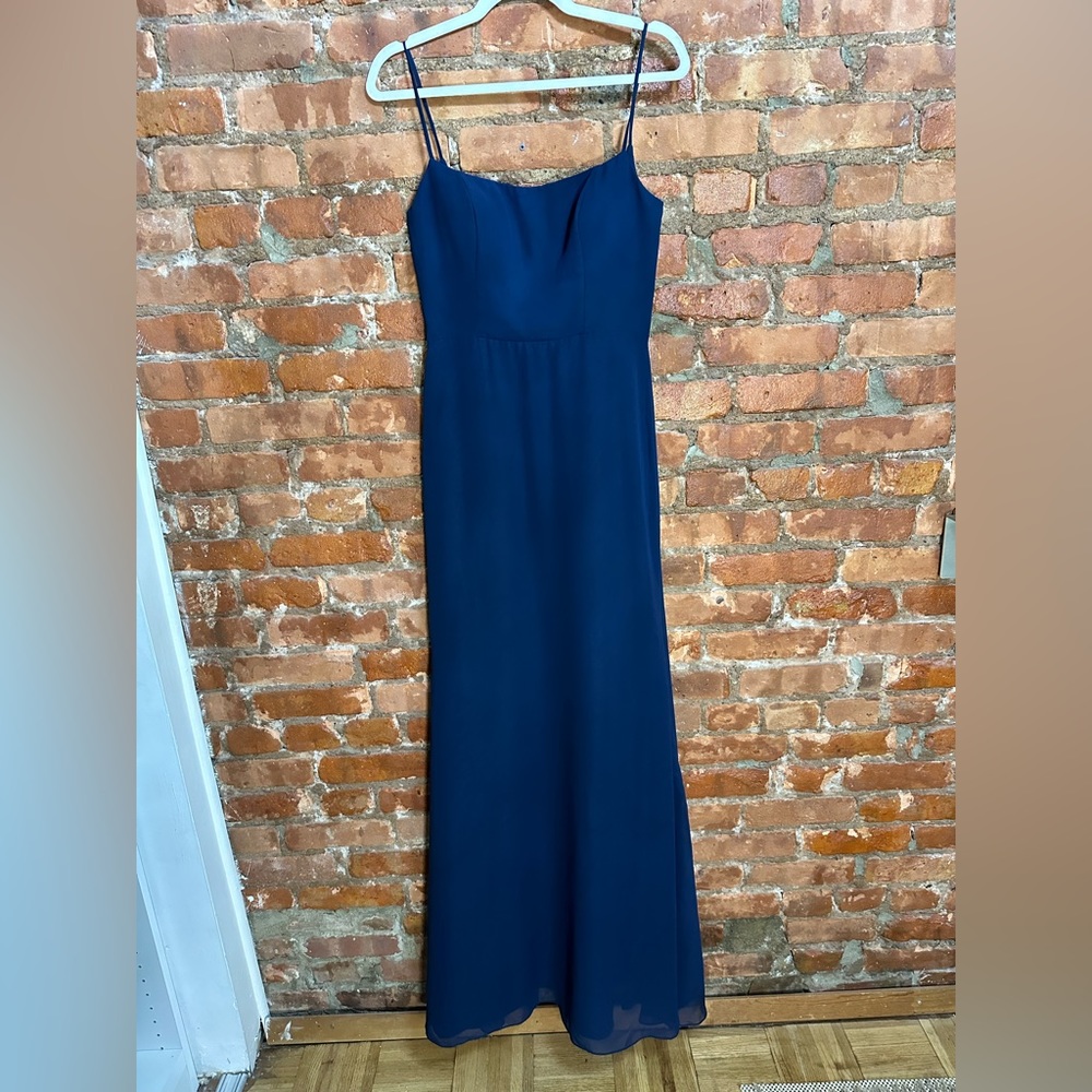 Elegant navy lace back wedding guest dress